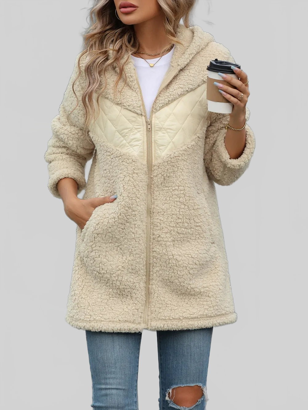 Fuzzy Zip Up Long Sleeve Hooded Jacket nicholesgifts