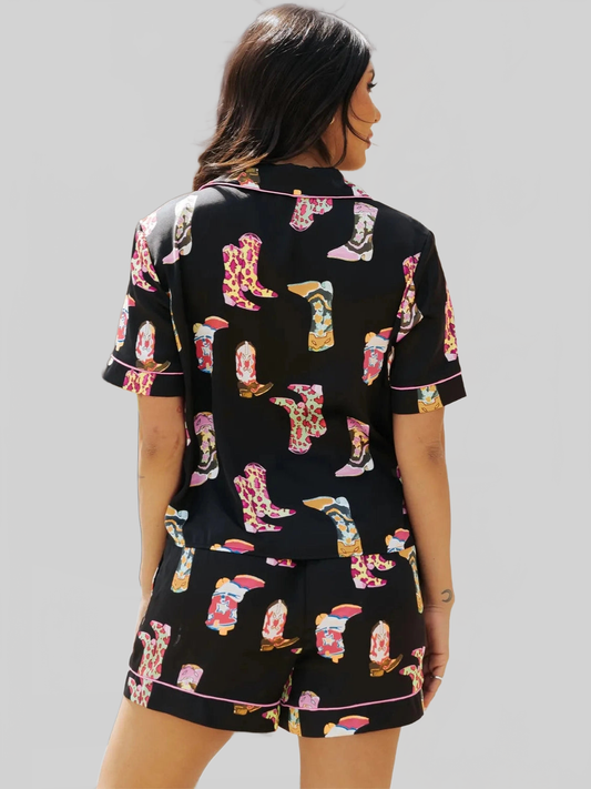Printed Button Up Short Sleeve Top and Shorts Lounge Set nicholesgifts