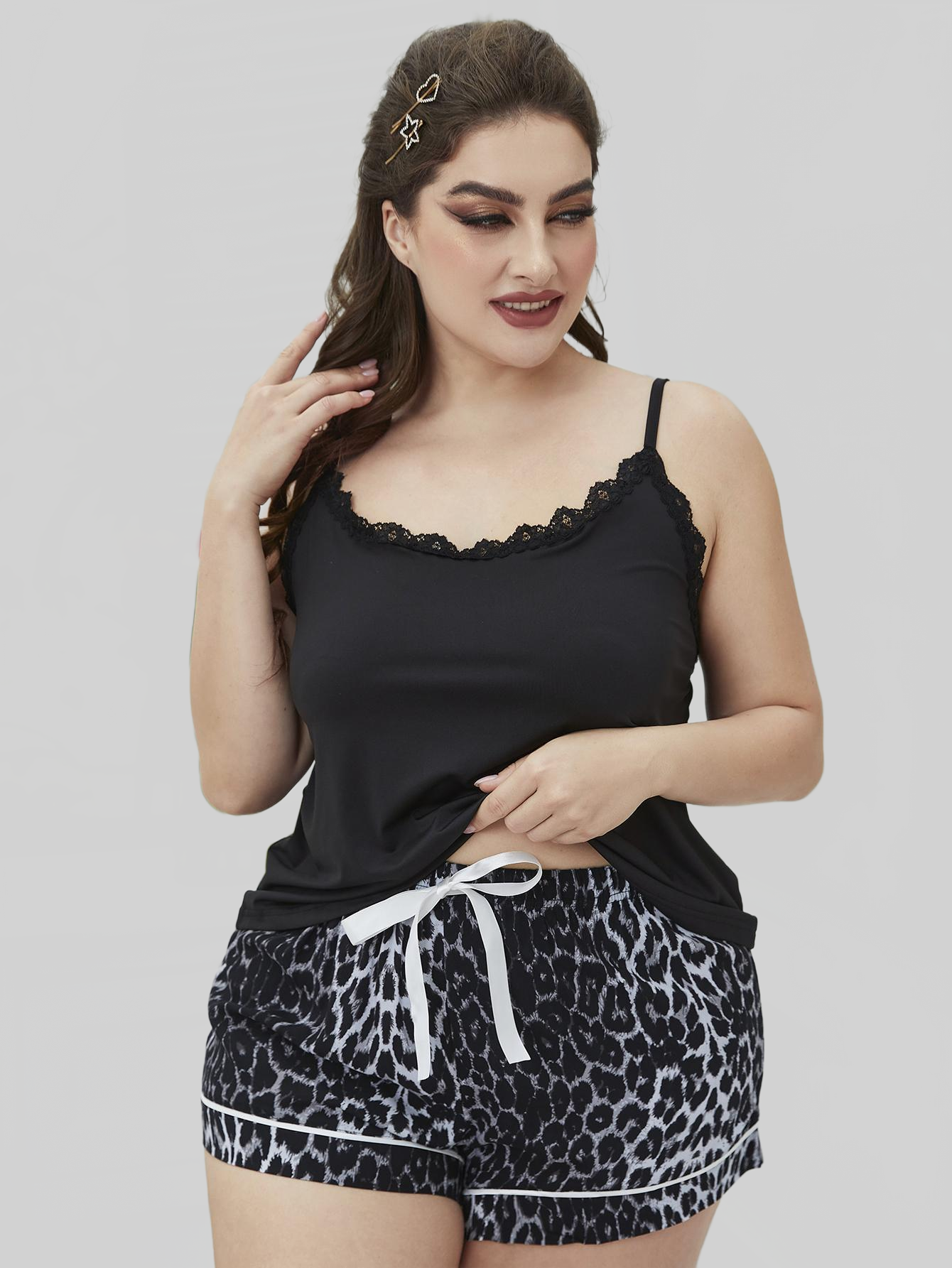Plus Size Lace Trim Scoop Neck Cami and Printed Shorts Pajama Set nicholesgifts