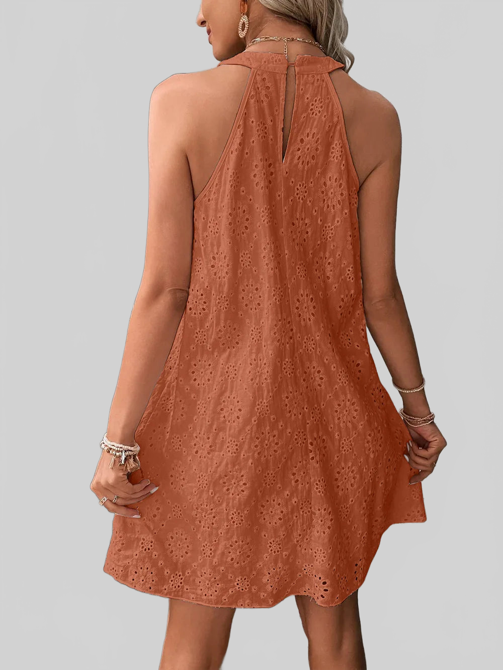 Eyelet Grecian Neck Mini Dress nicholesgifts