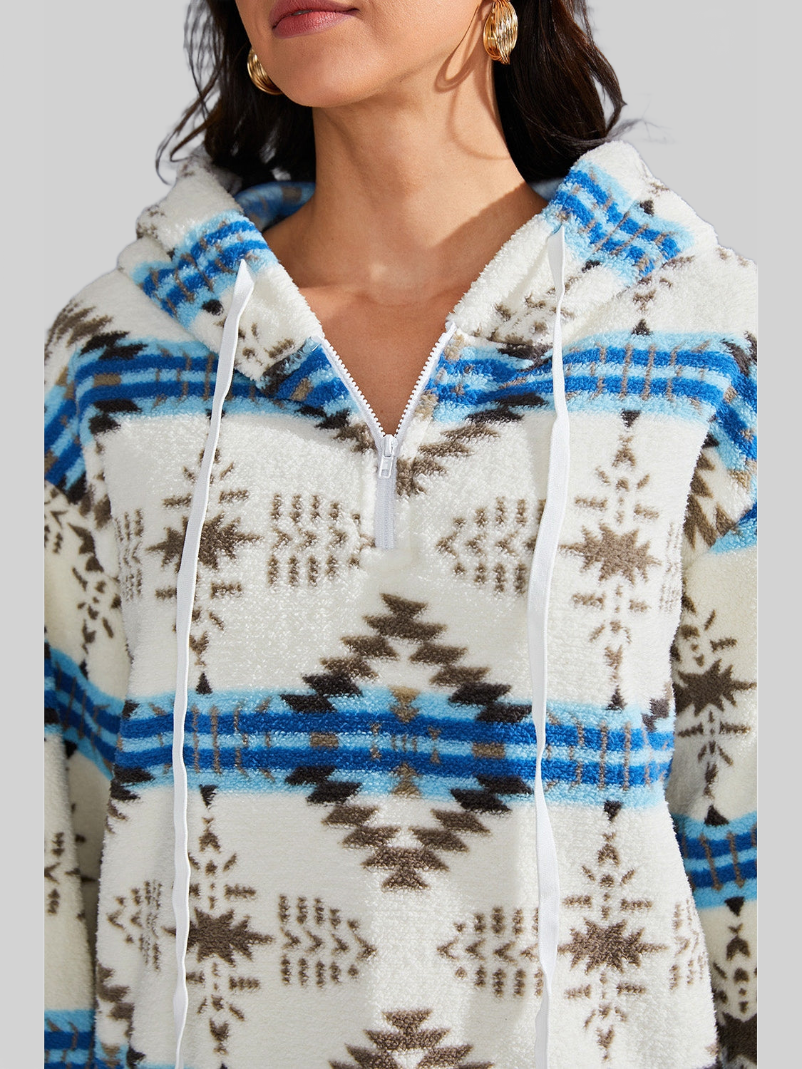 NicholesGifts Women Shiny Geometric Half Zip Drawstring Long Sleeve Hoodie NicholesGifts