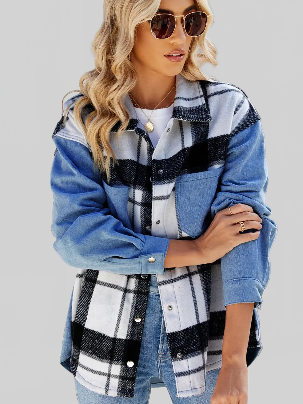 Pocketed Plaid Snap Down Denim Jacket nicholesgifts