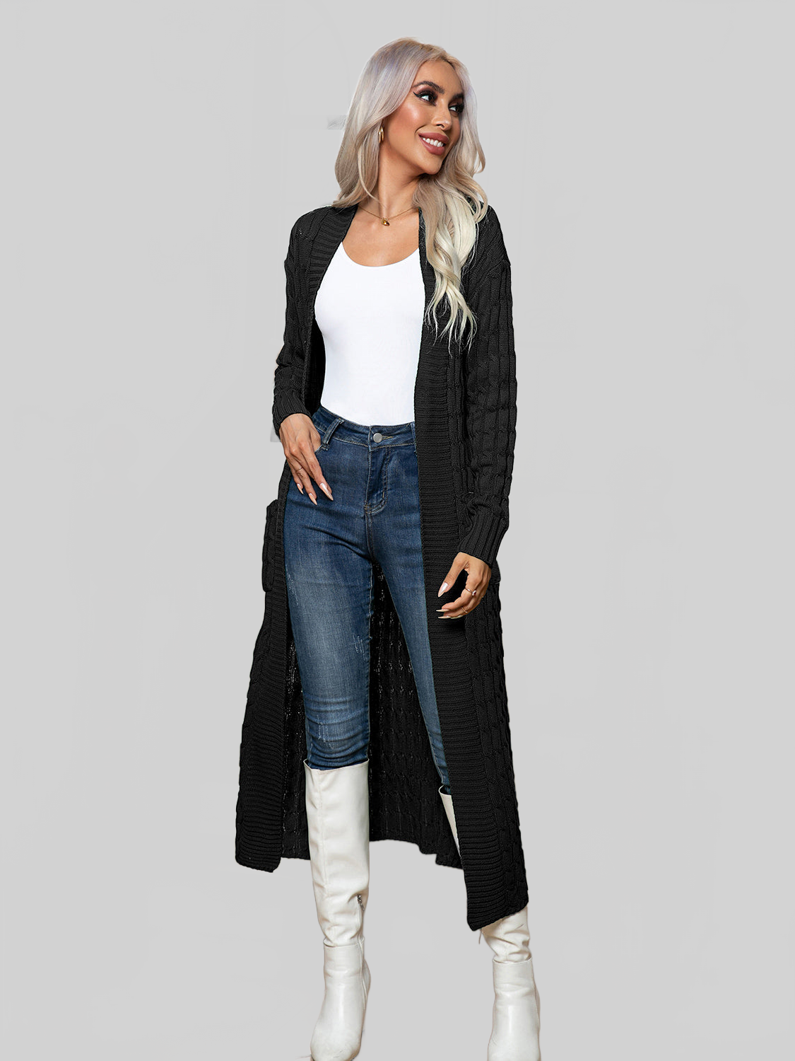 Women Cable-Knit Open Front Cardigan with Pockets nicholesgifts