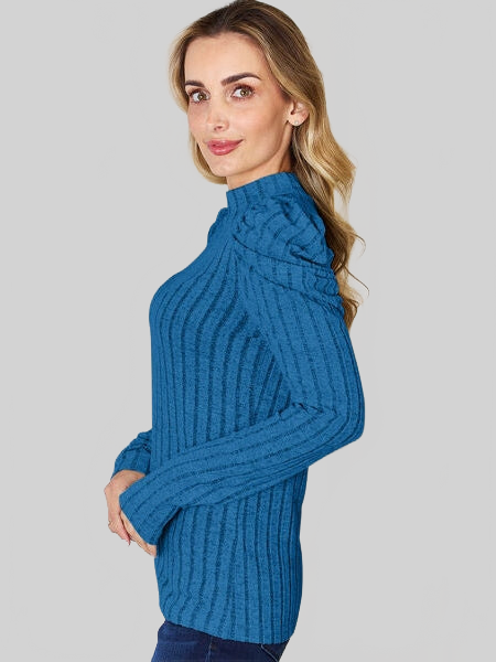 Basic Full Size Ribbed Mock Neck Puff Sleeve T-Shirt nicholesgifts
