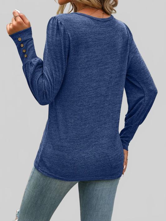 Women Decorative Button Round Neck Long Sleeve T-Shirt NicholesGifts