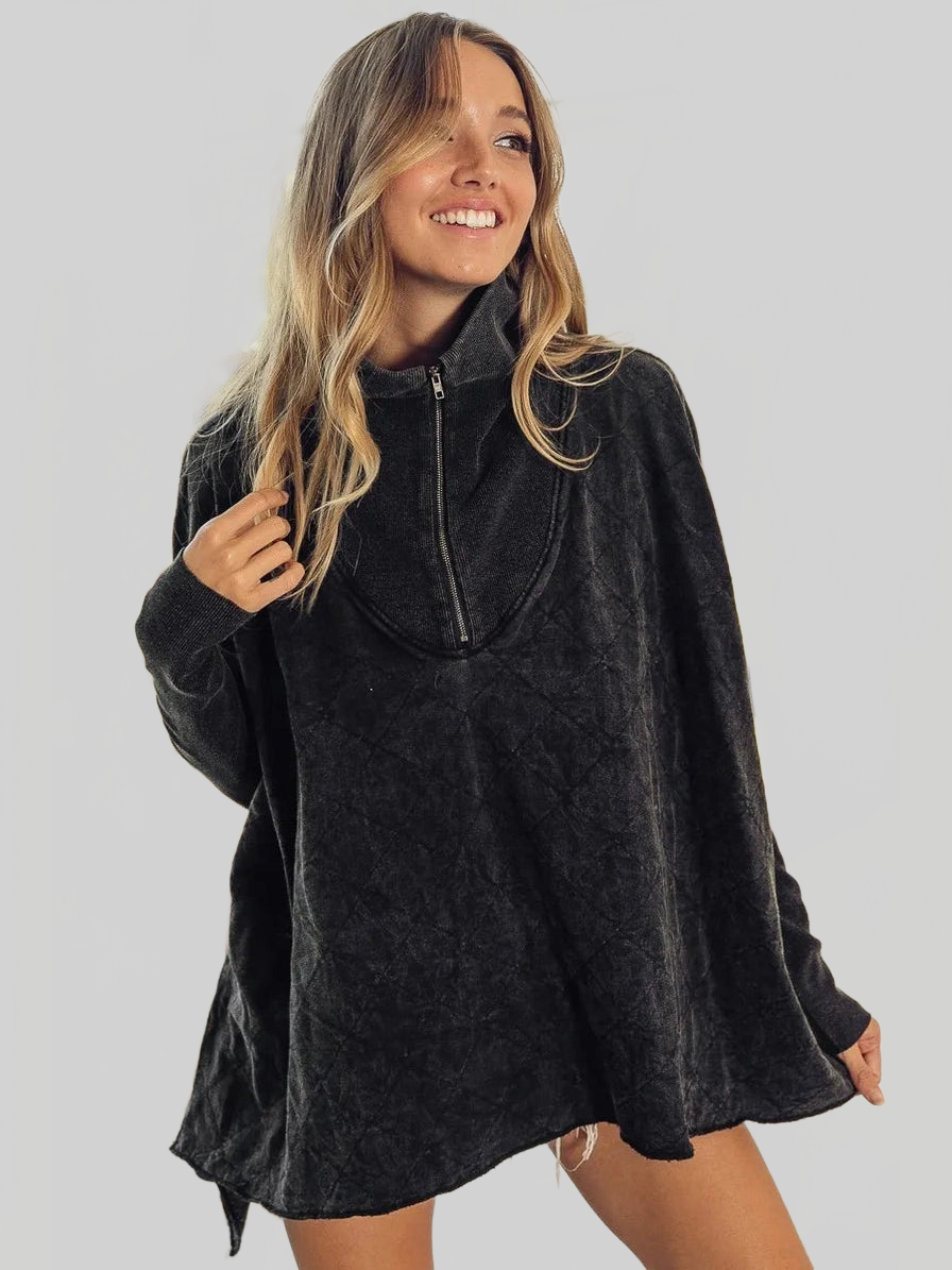 Women BiBi Vintage Washed Quilted Half Zip Long Sleeve Top NicholesGifts