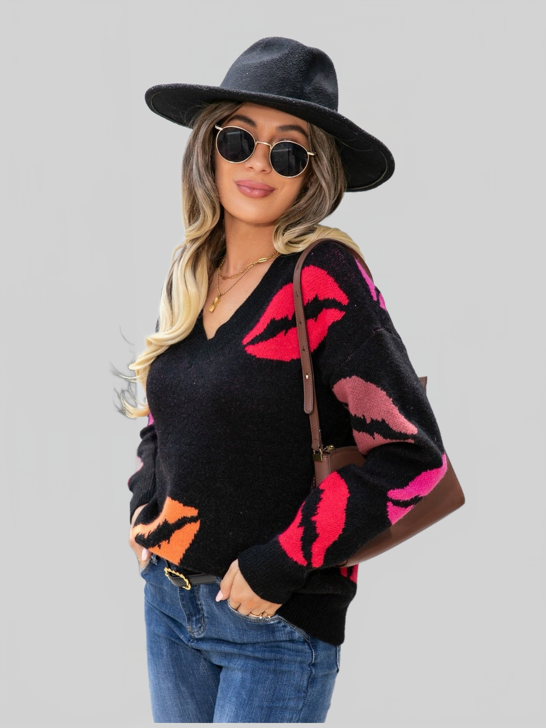 Women Angel Wings Lip V-Neck Drop Shoulder Sweater NicholesGifts