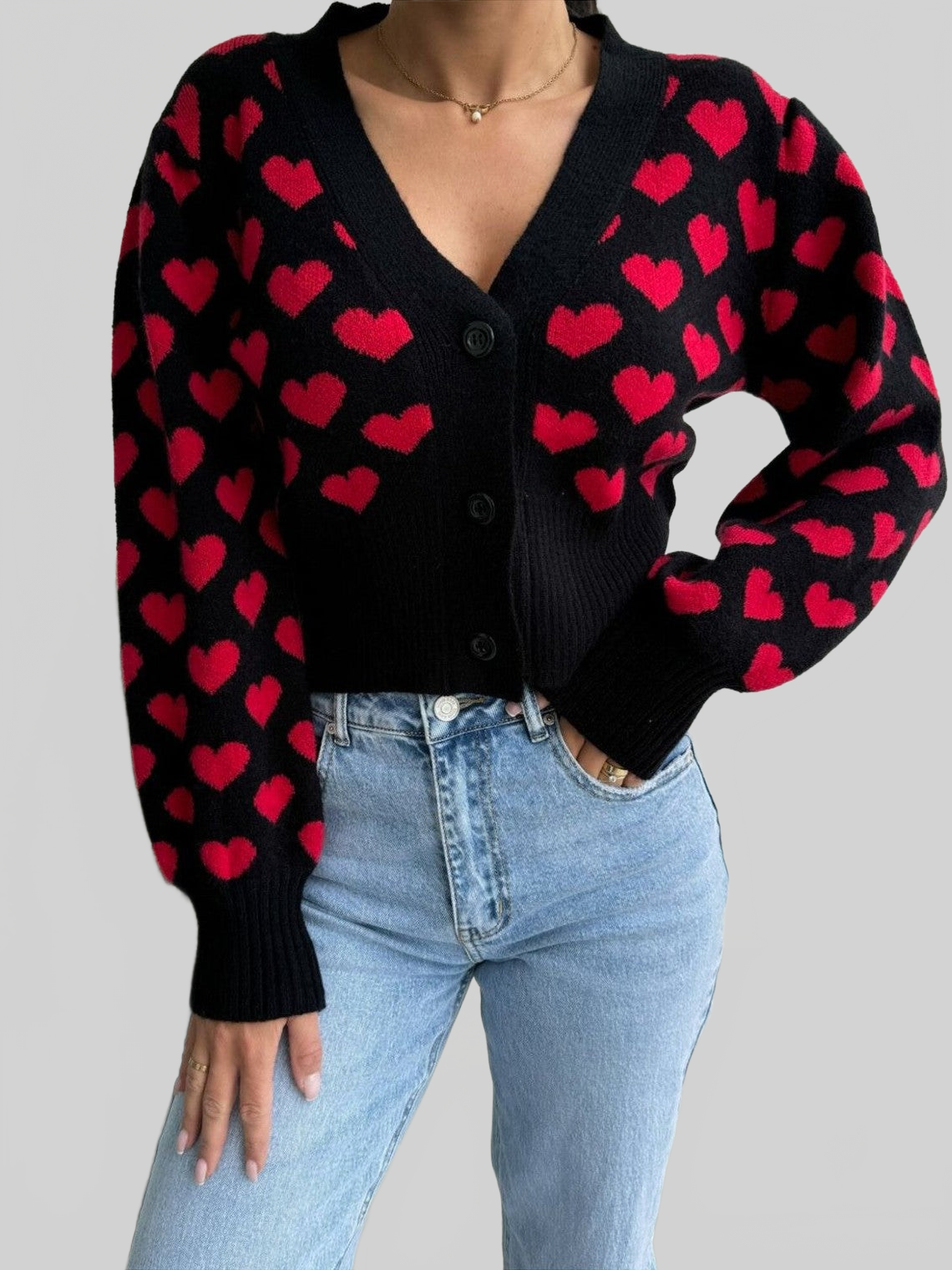 Women Valentine’s Day Heart V-Neck Cropped Cardigan NicholesGifts