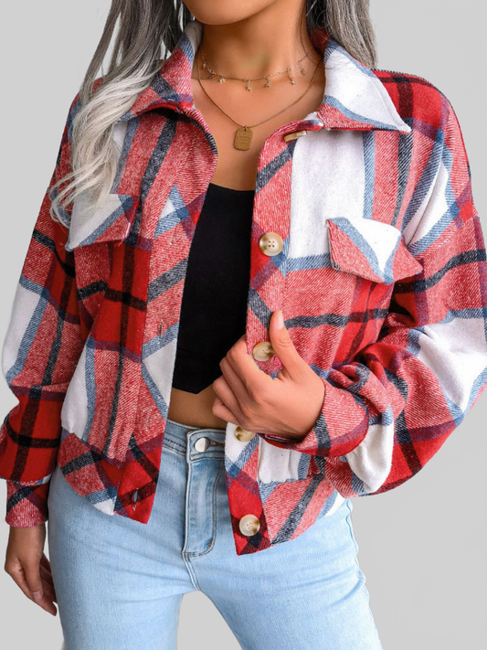 Plaid Collared Neck Drop Shoulder Jacket nicholesgifts
