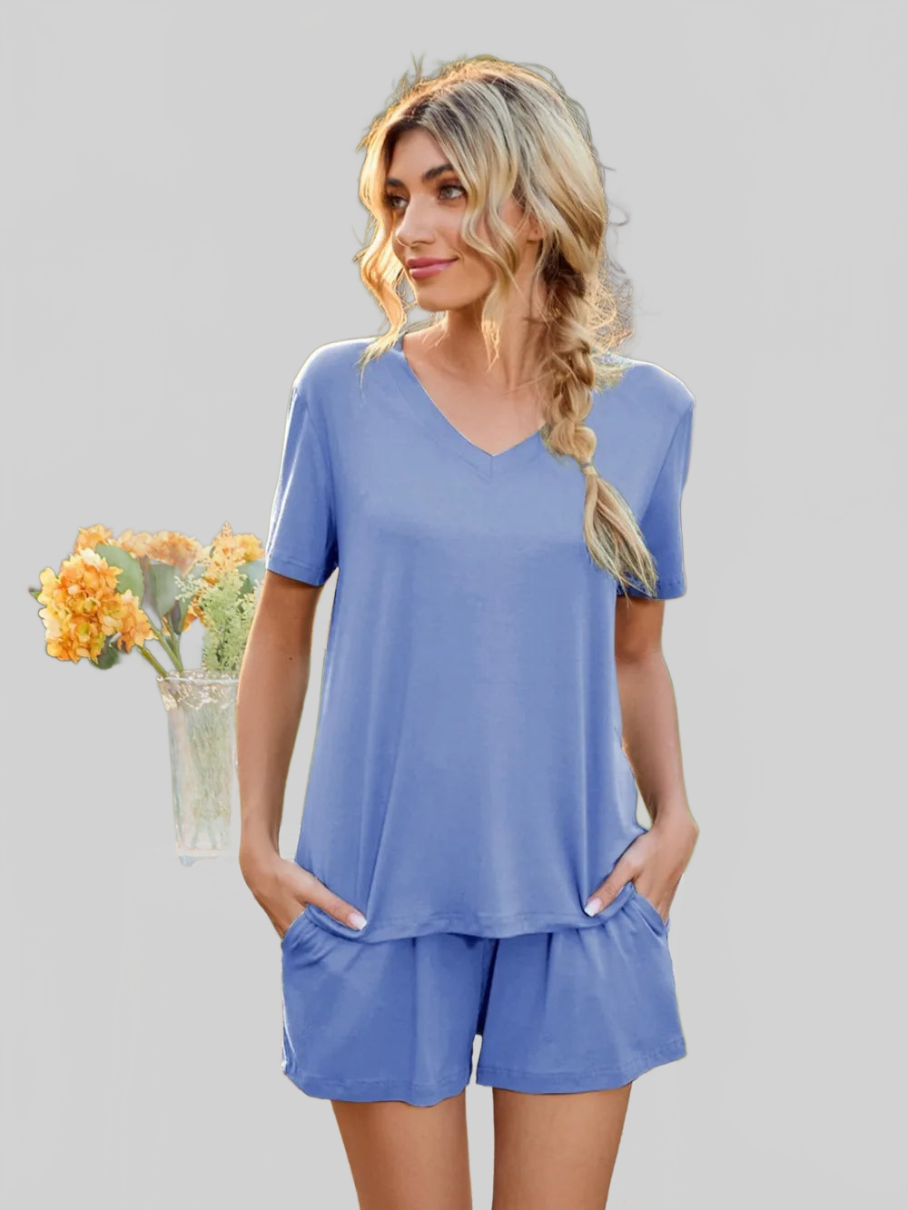 V-Neck Short Sleeve Top and Pocketed Shorts Lounge Set nicholesgifts