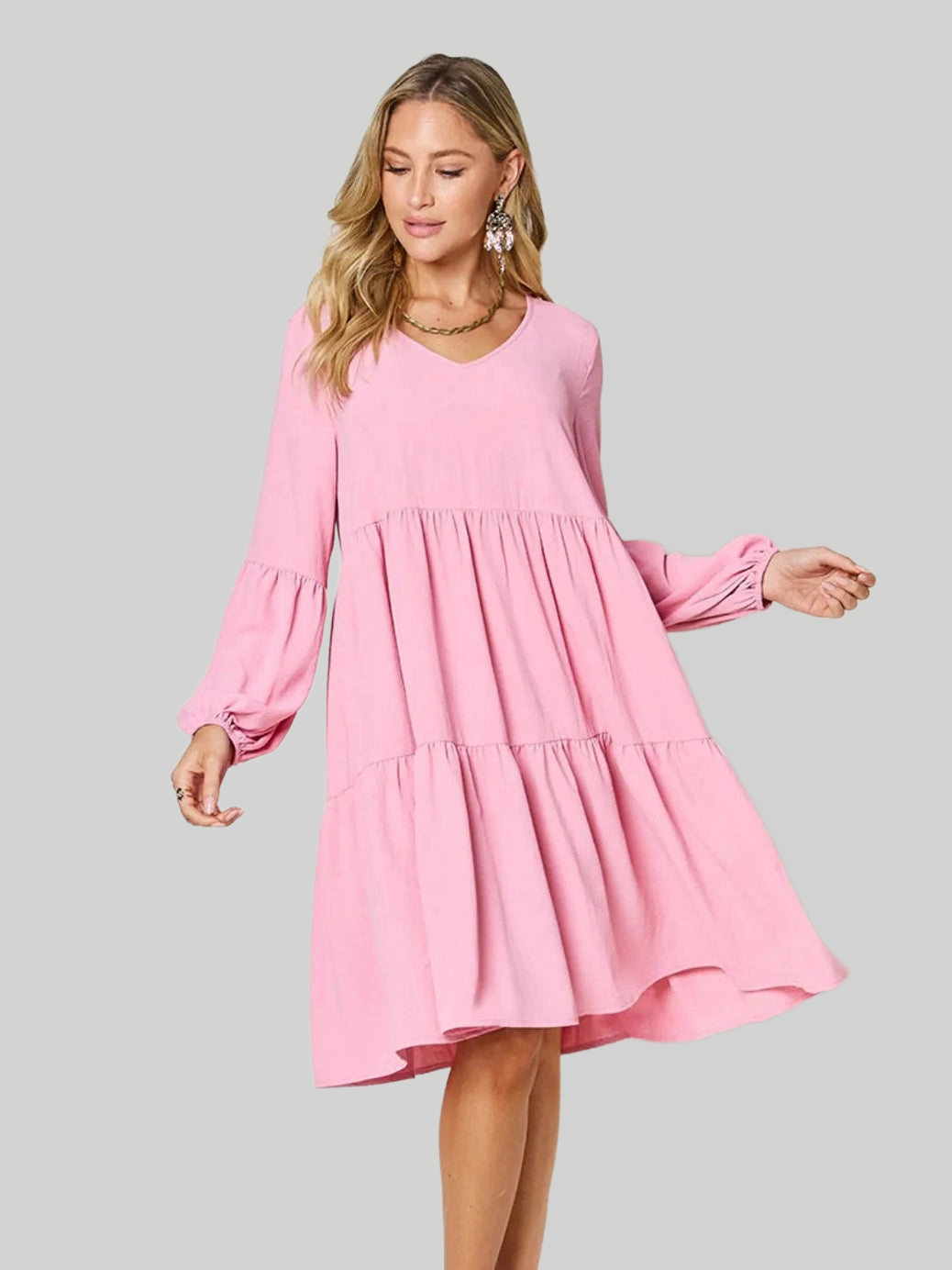 Double Take Full Size V-Neck Balloon Sleeve Tiered Dress with Pockets nicholesgifts