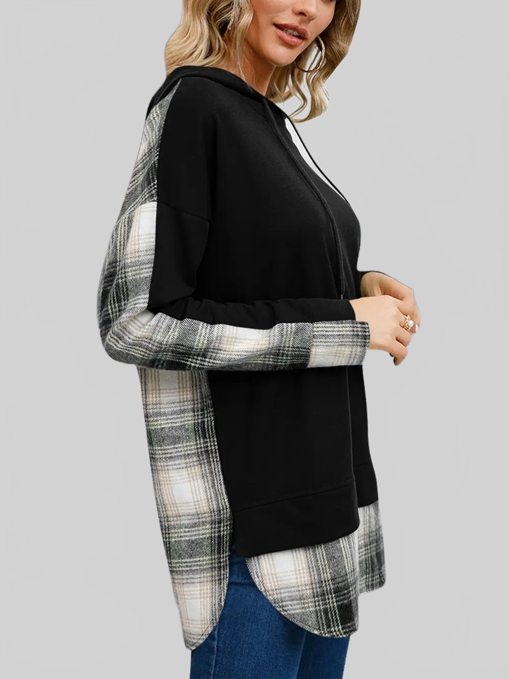 Plaid Drawstring Long Sleeve Slit Hoodie NicholesGifts