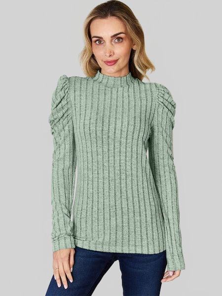 Basic Full Size Ribbed Mock Neck Puff Sleeve T-Shirt nicholesgifts