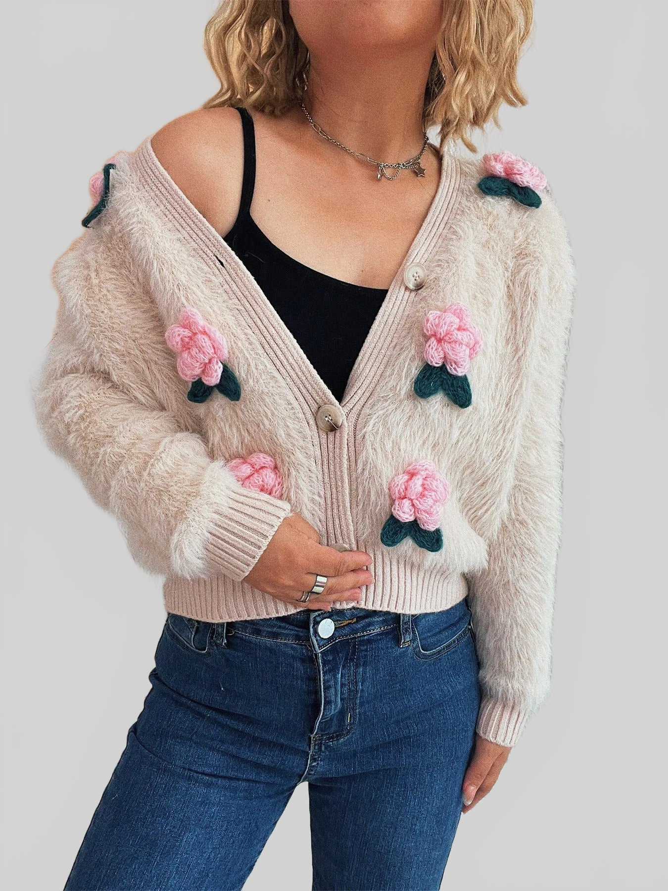 Women Flower Fuzzy Button-Up Cardigan nicholesgifts