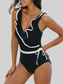 Women Ruffle Trim V-Neck One-Piece Swimsuit nicholesgifts