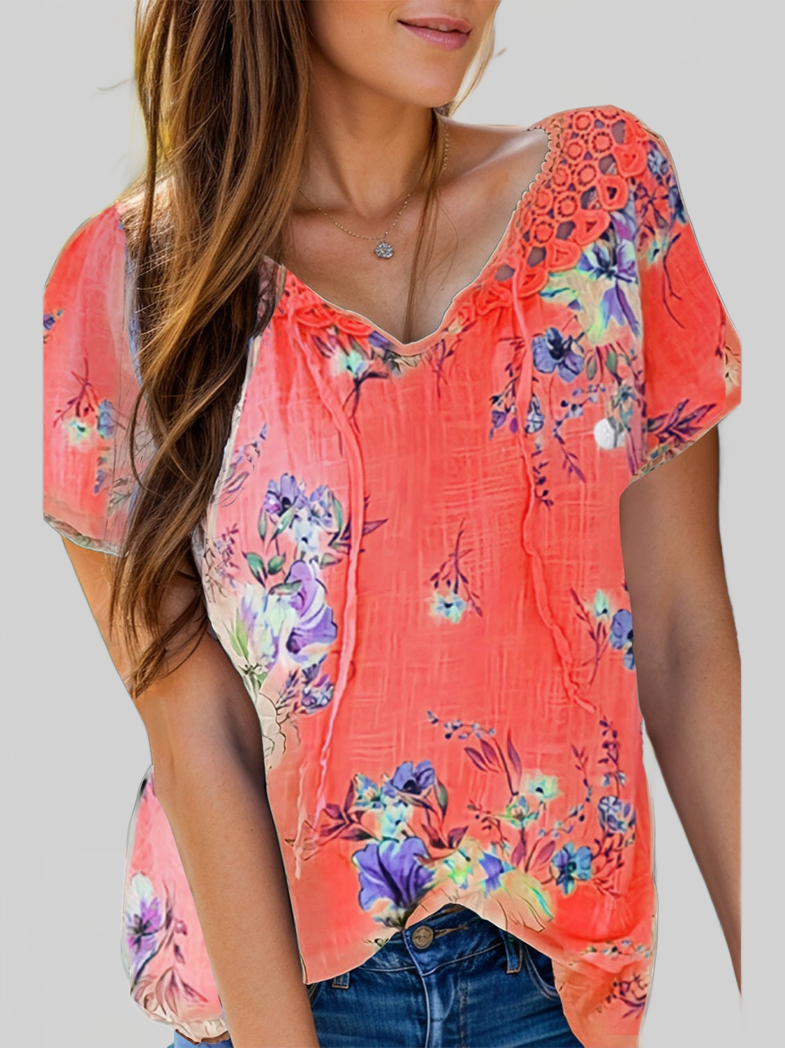Women Full Size Printed Tie Neck Short Sleeve Blouse nicholesgifts