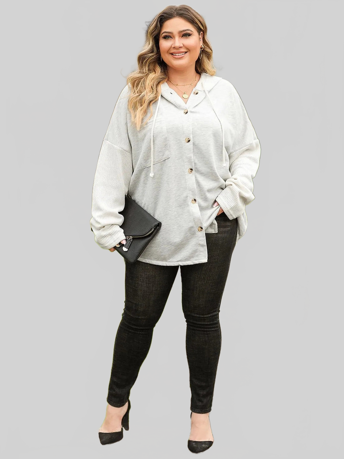 Plus Size Button Up Drawstring Long Sleeve Hoodie NicholesGifts