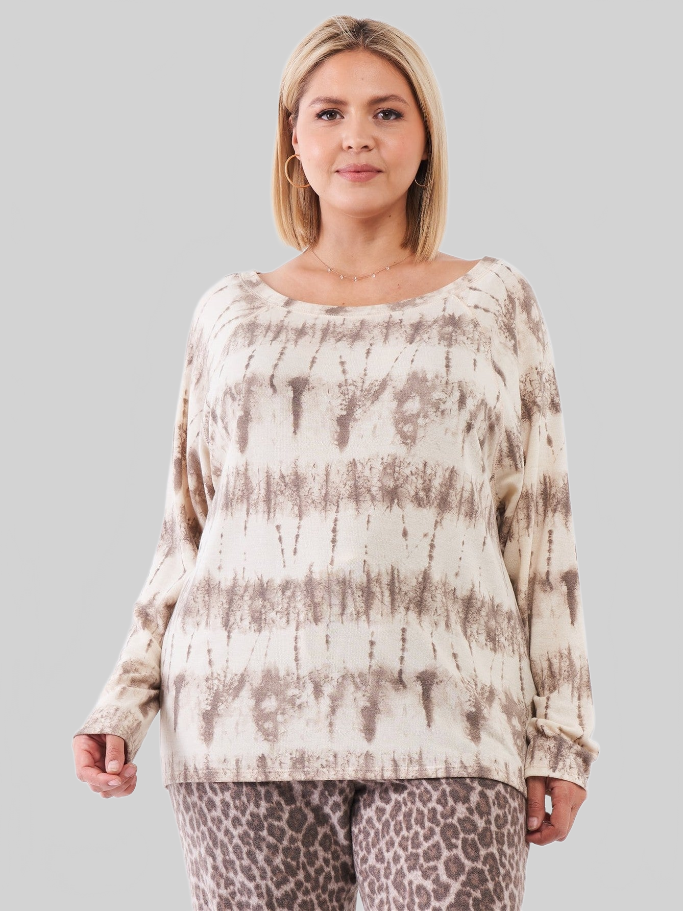 Plus Size Women Ivory Acid Wash Print Bateau Neck Relaxed Fit Long Sleeve Top NicholesGifts