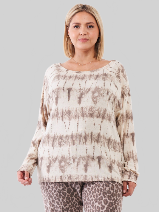 Plus Size Women Ivory Acid Wash Print Bateau Neck Relaxed Fit Long Sleeve Top NicholesGifts