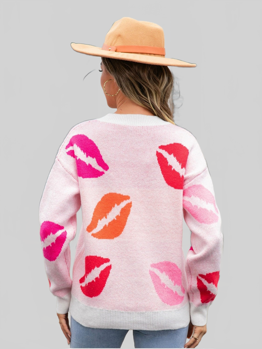 Women Angel Wings Lip V-Neck Drop Shoulder Sweater nicholesgifts