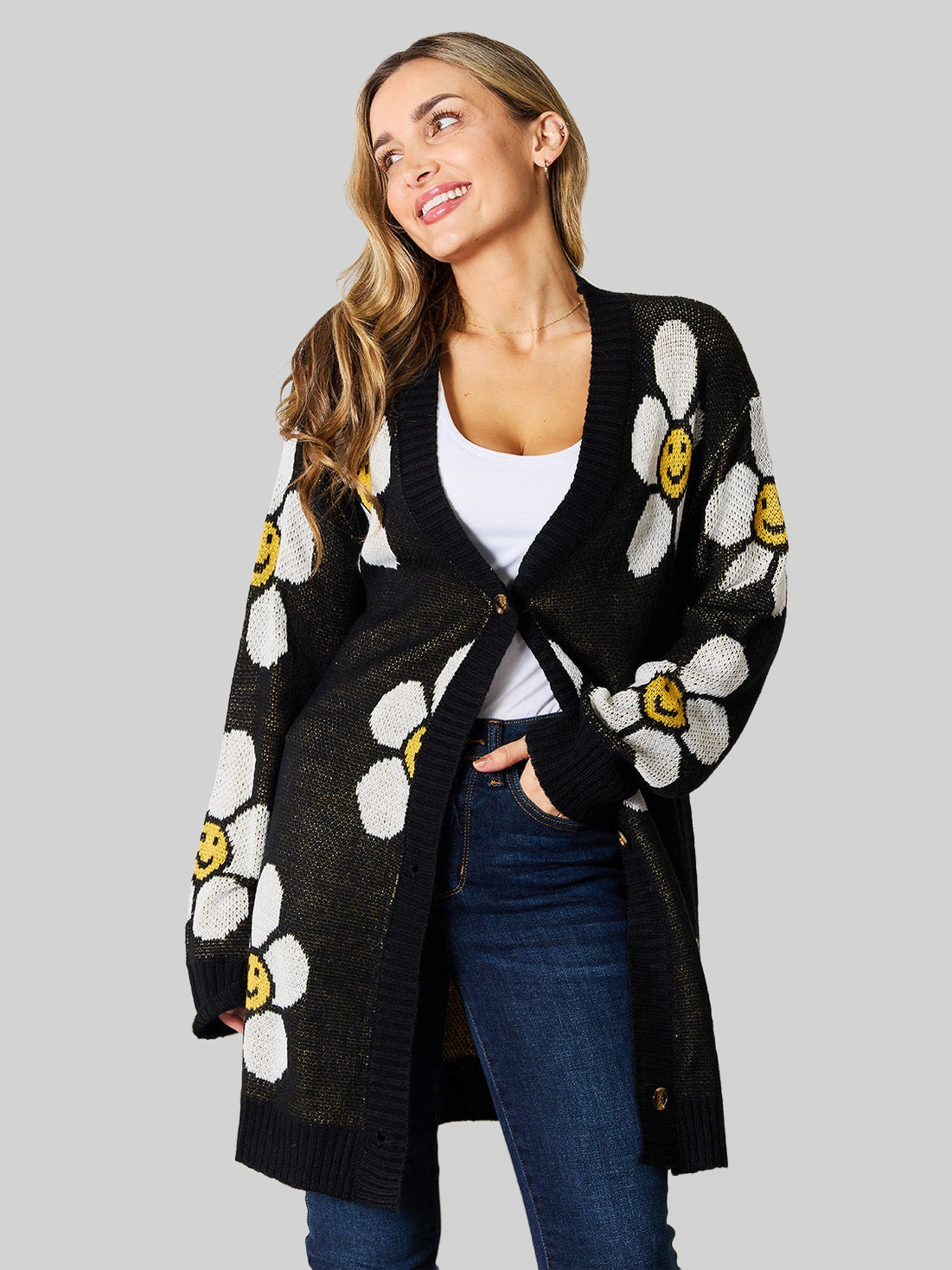 Women Perfee Floral Button Down Longline Cardigan nicholesgifts