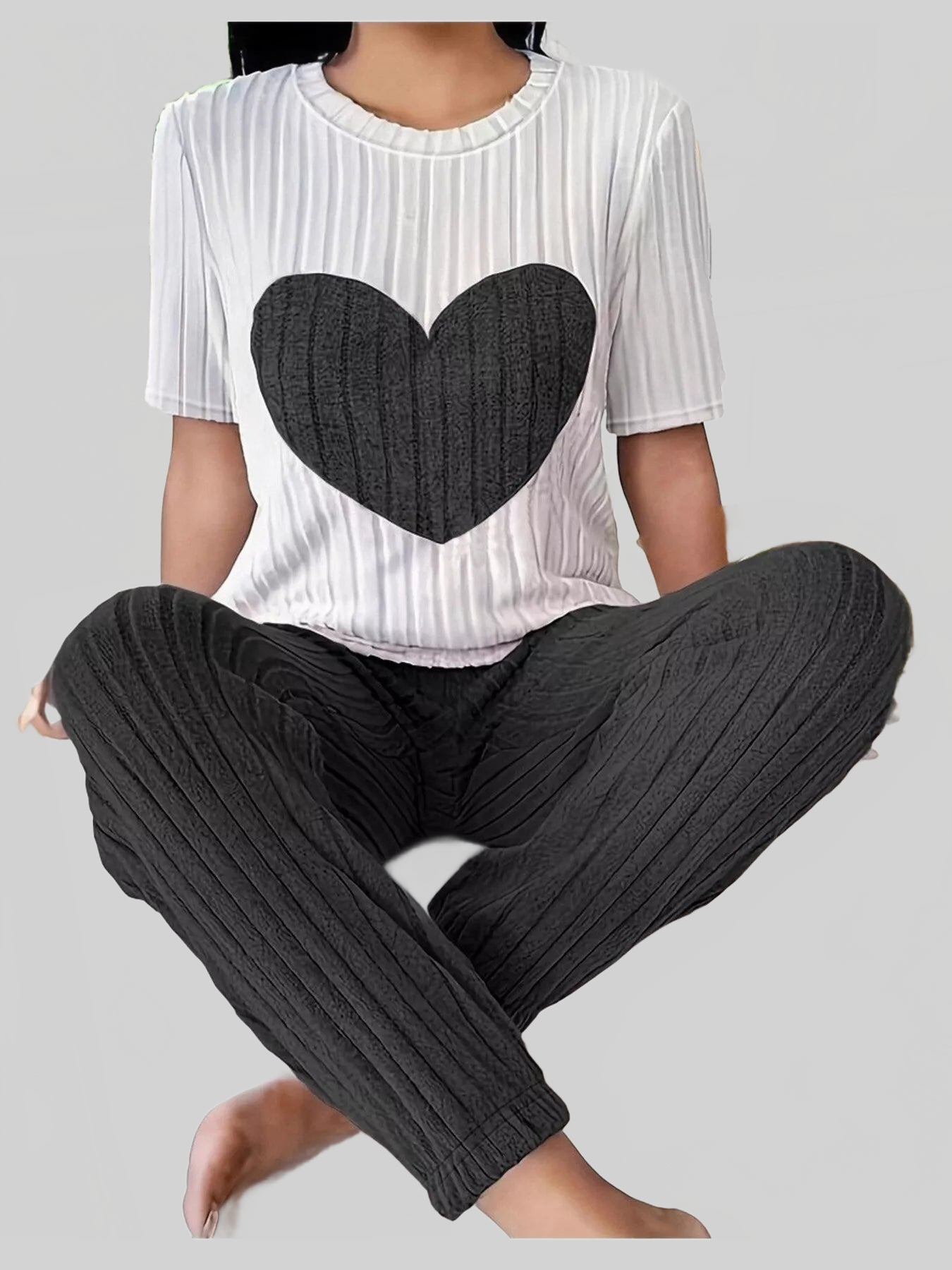 Heart Ribbed Knit Top and Pants Lounge Set nicholesgifts