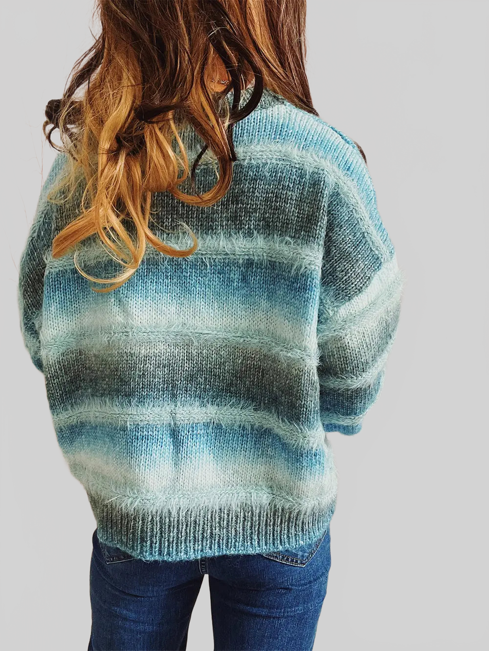 Women Striped Round Neck Long Sleeve Pullover Sweater nicholesgifts