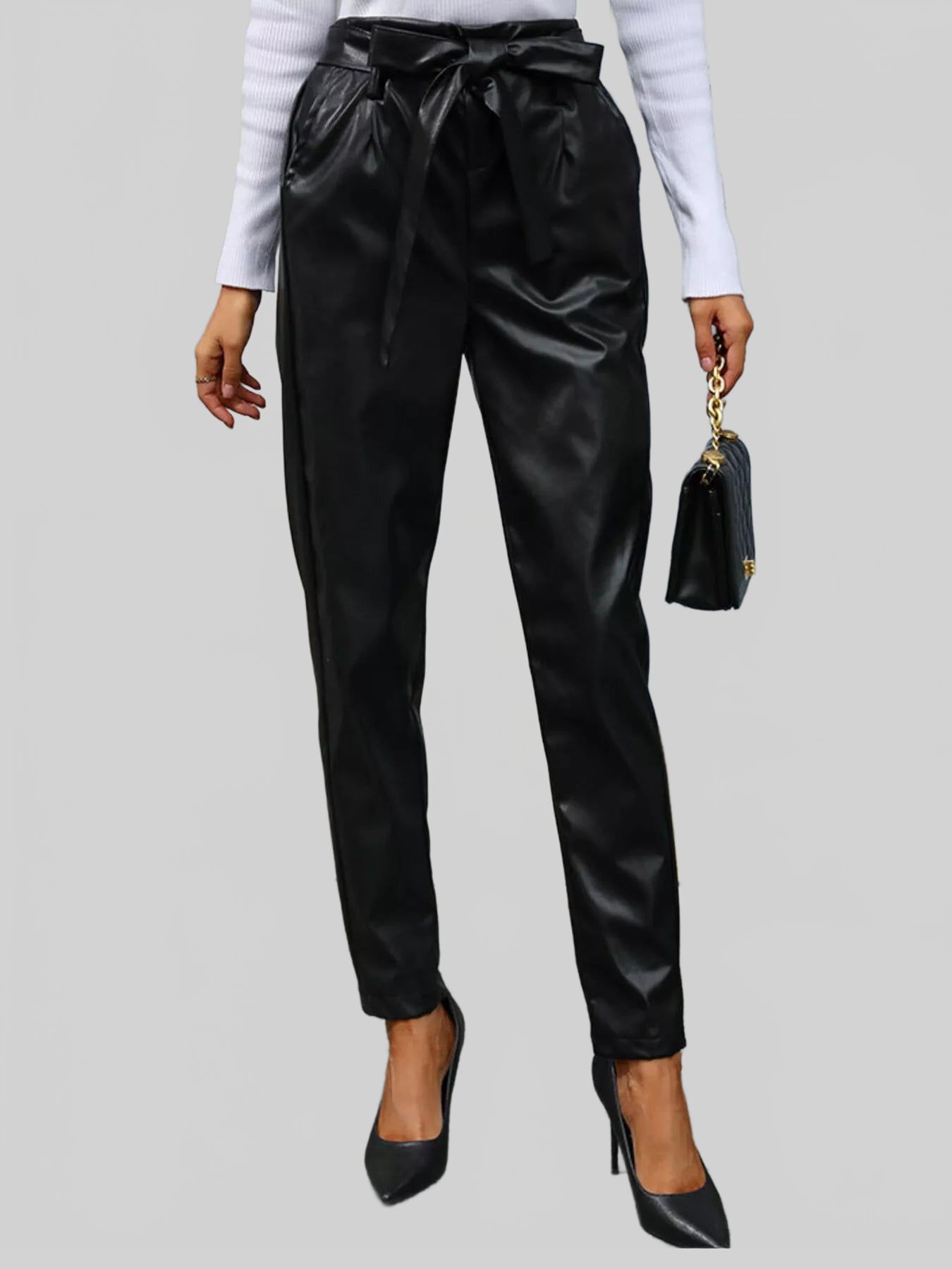 Women High Waist Leather Tie-Waist Pants nicholesgifts