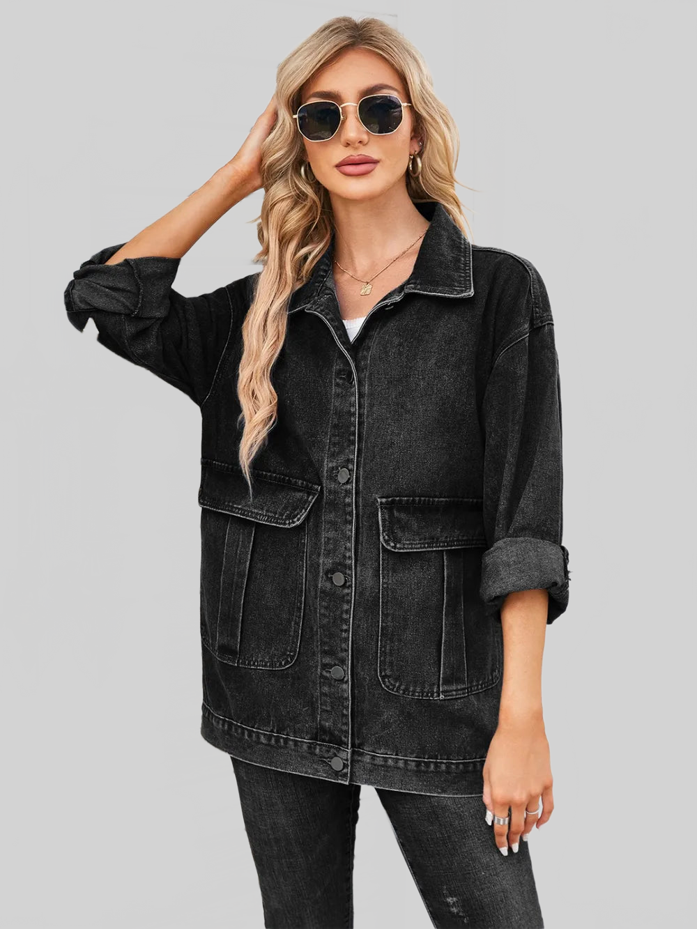 Button Up Long Sleeve Denim Jacket nicholesgifts