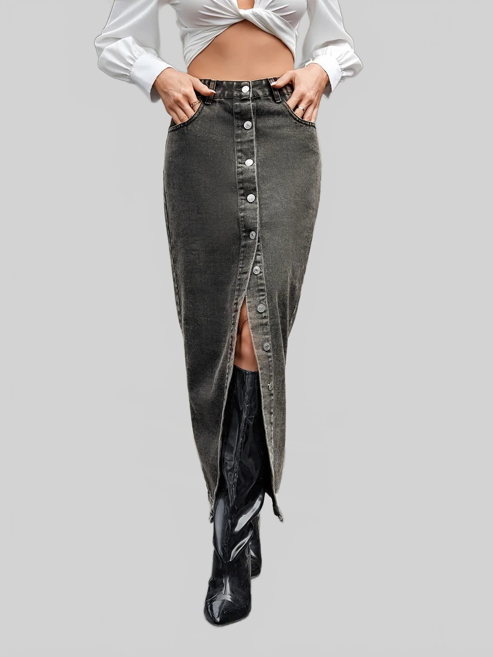 Button Up High Rise Denim Skirt nicholesgifts