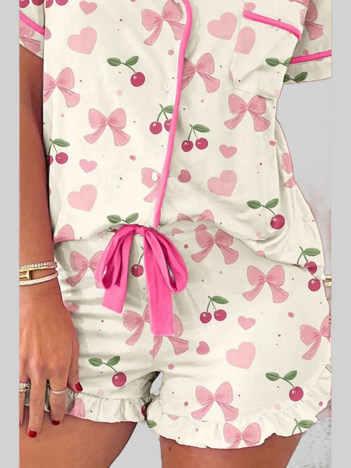 Printed Button Up Short Sleeve Top and Shorts Lounge Set nicholesgifts