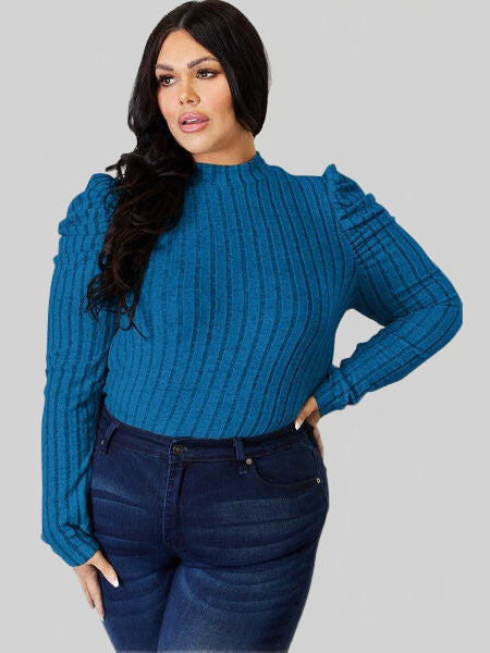 Basic Full Size Ribbed Mock Neck Puff Sleeve T-Shirt nicholesgifts