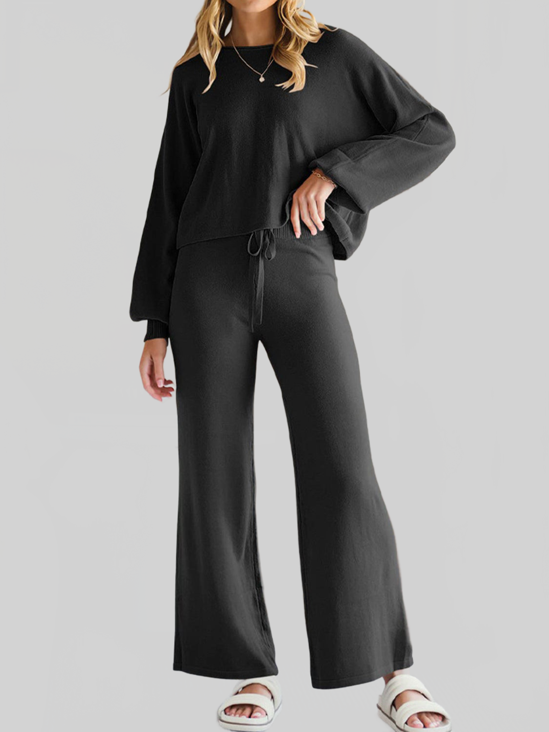 Long Sleeve Lounge Top and Drawstring Pants Set nicholesgifts