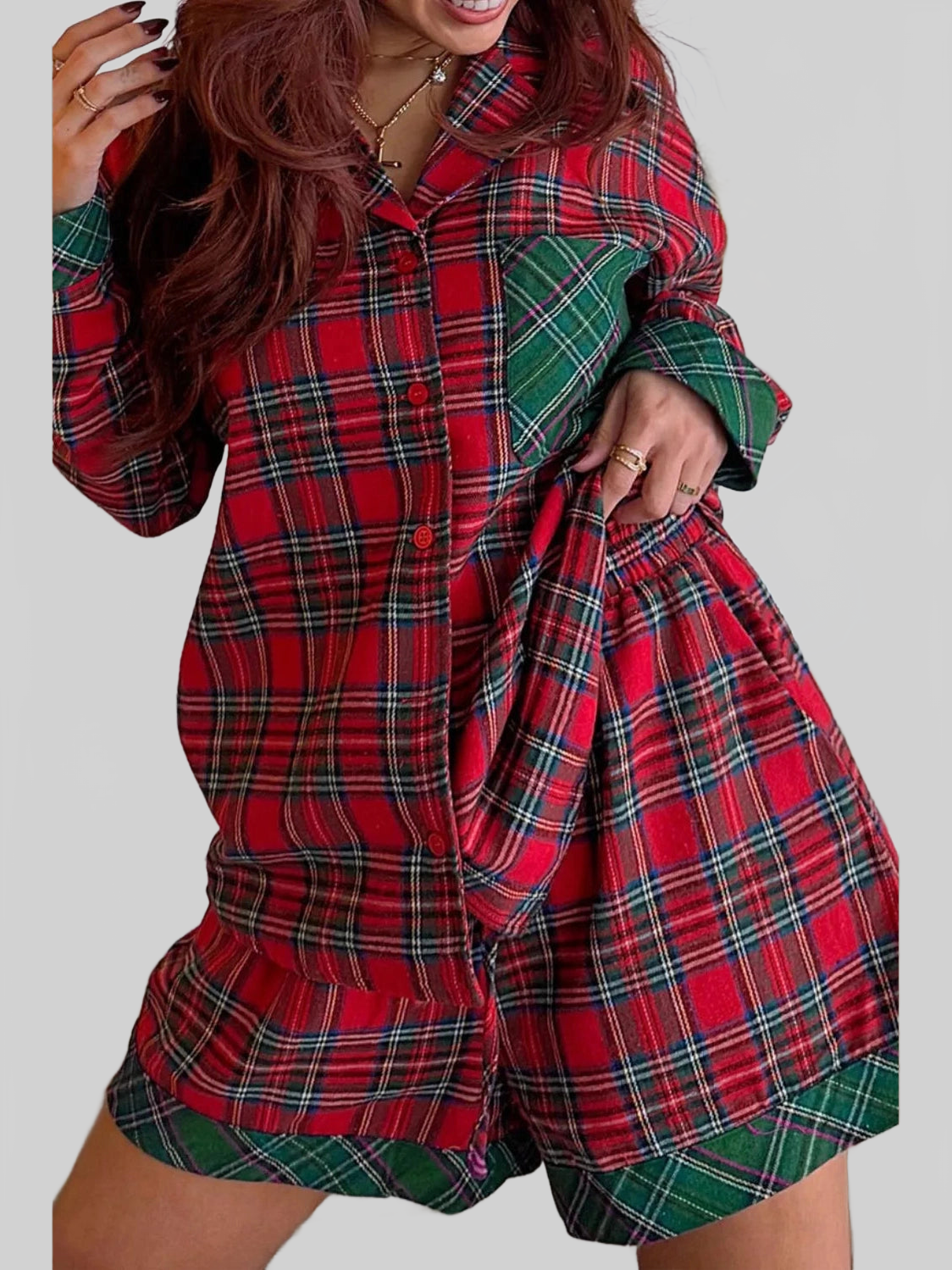 Plaid Contrast Patched Christmas Holiday Long Sleeve Shirt and Short 2pcs Pajama Set nicholesgifts