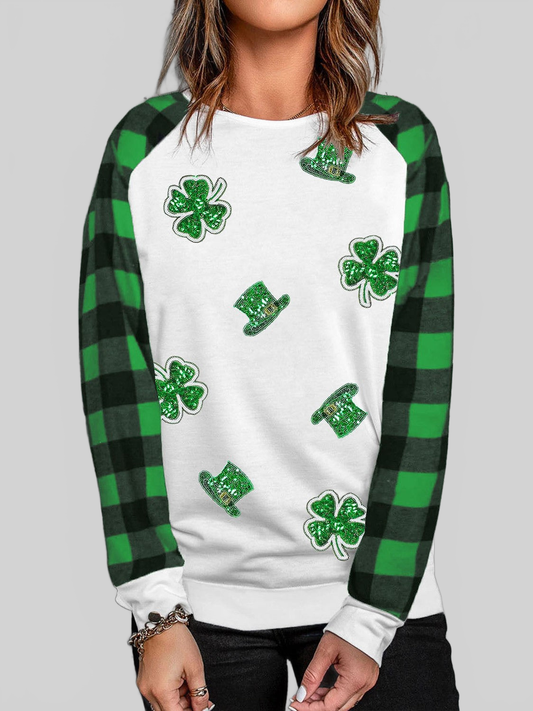 Women Lucky Clover Sequin Round Neck Sweatshirt NicholesGifts