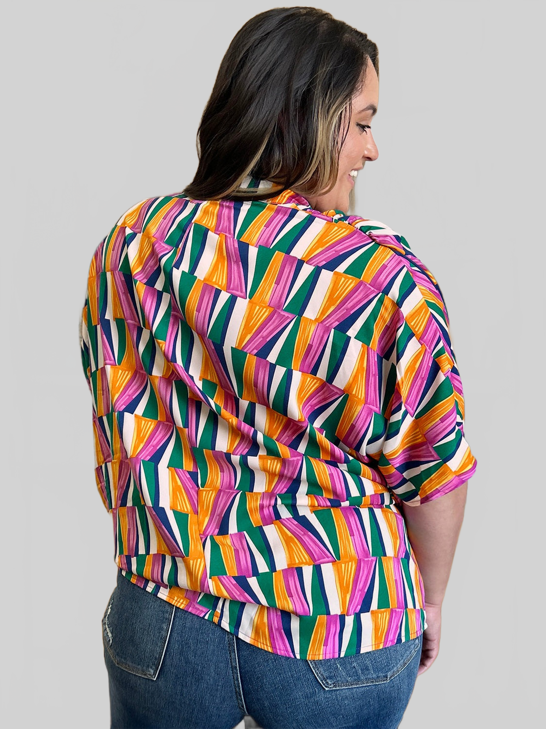 Women Double Take Full Size Geometric Notched Dolman Sleeve Top nicholesgifts