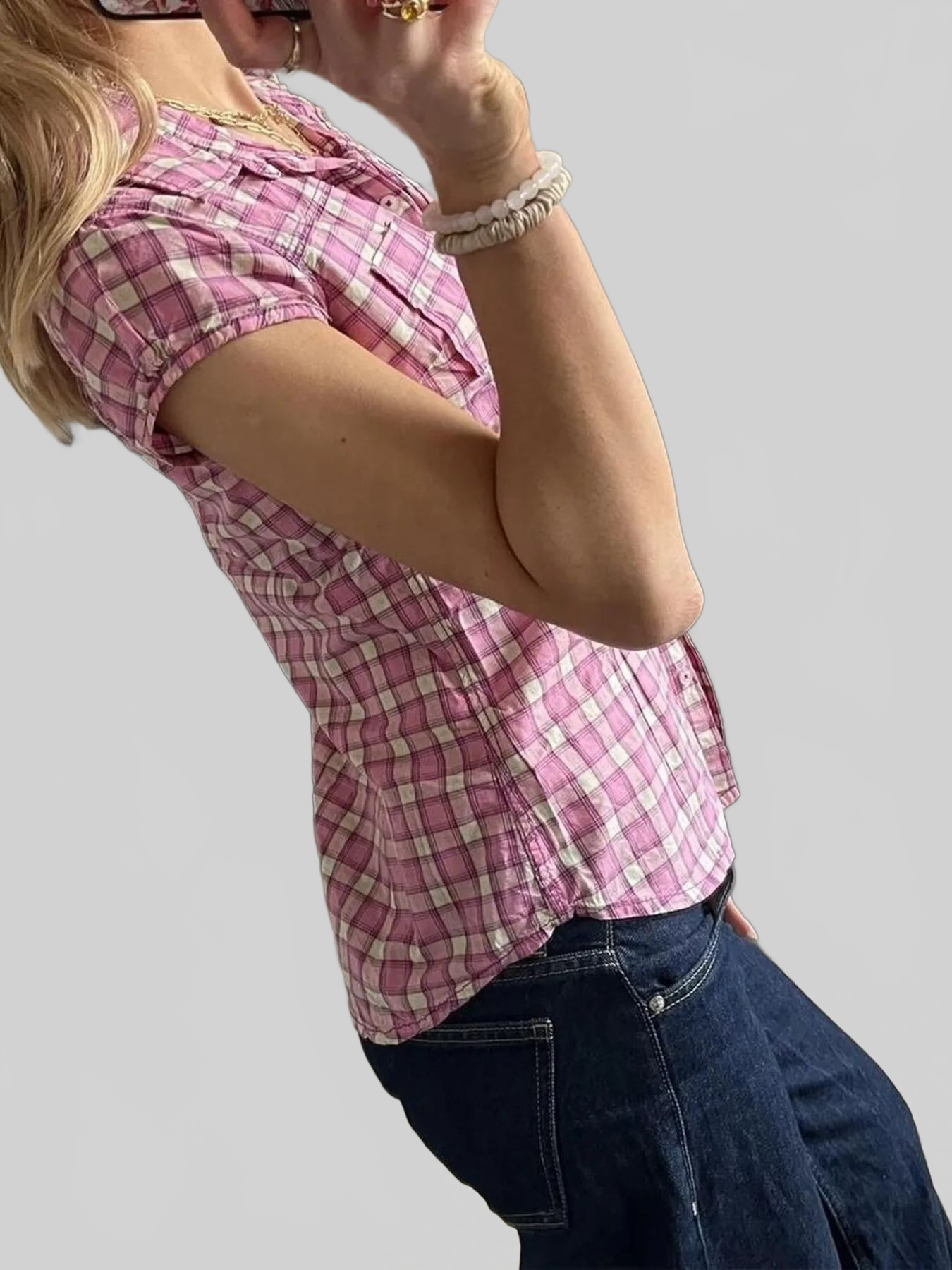 Plaid Cap Sleeve Button-Up Shirt Trendsi