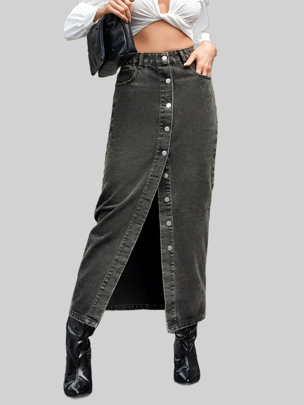 Button Up High Rise Denim Skirt nicholesgifts