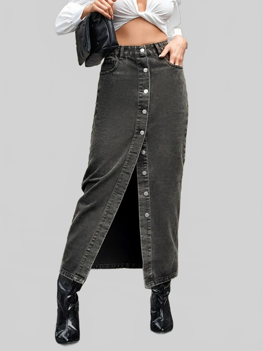 Button Up High Rise Denim Skirt nicholesgifts