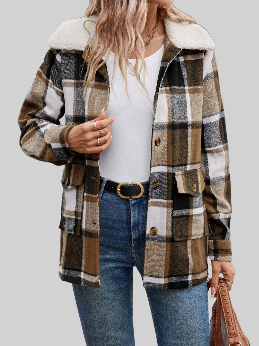 Perfee Pocketed Plaid Button Up Collared Neck Jacket nicholesgifts