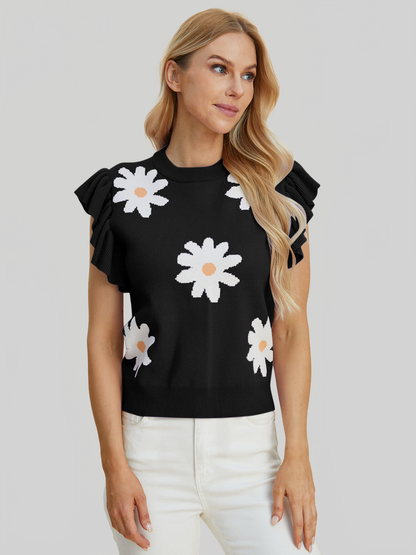 Women Double Take Full Size Ruffled Flower Round Neck Cap Sleeve Black Top nicholesgifts