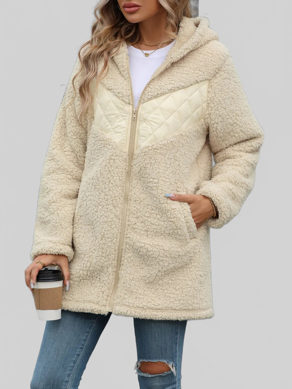 Fuzzy Zip Up Long Sleeve Hooded Jacket nicholesgifts