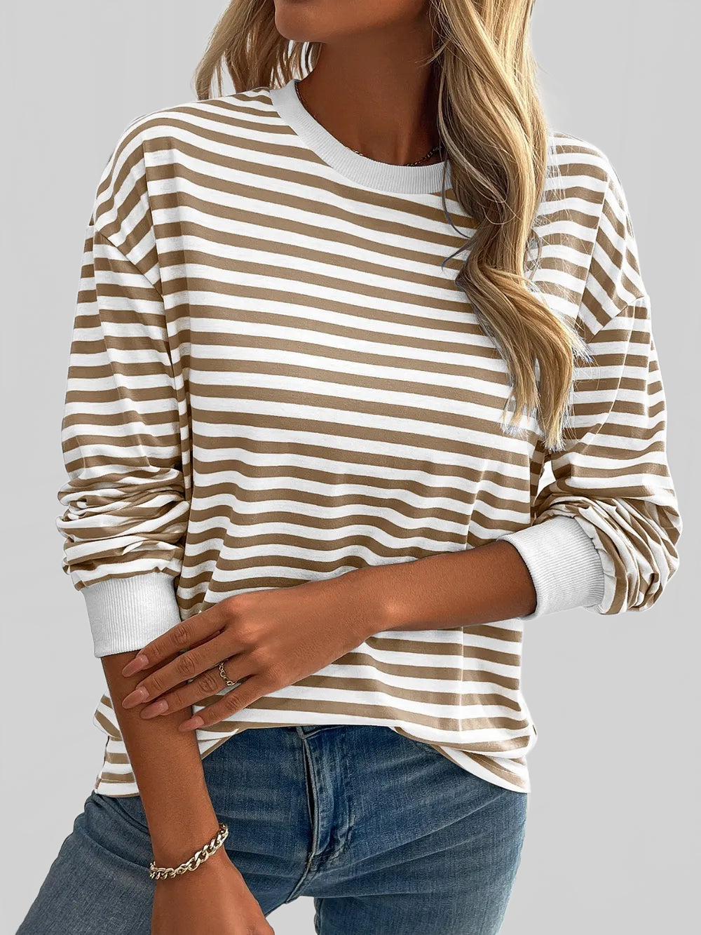 Women Ivy Lane Striped Round Neck Long Sleeve Sweatshirt nicholesgifts