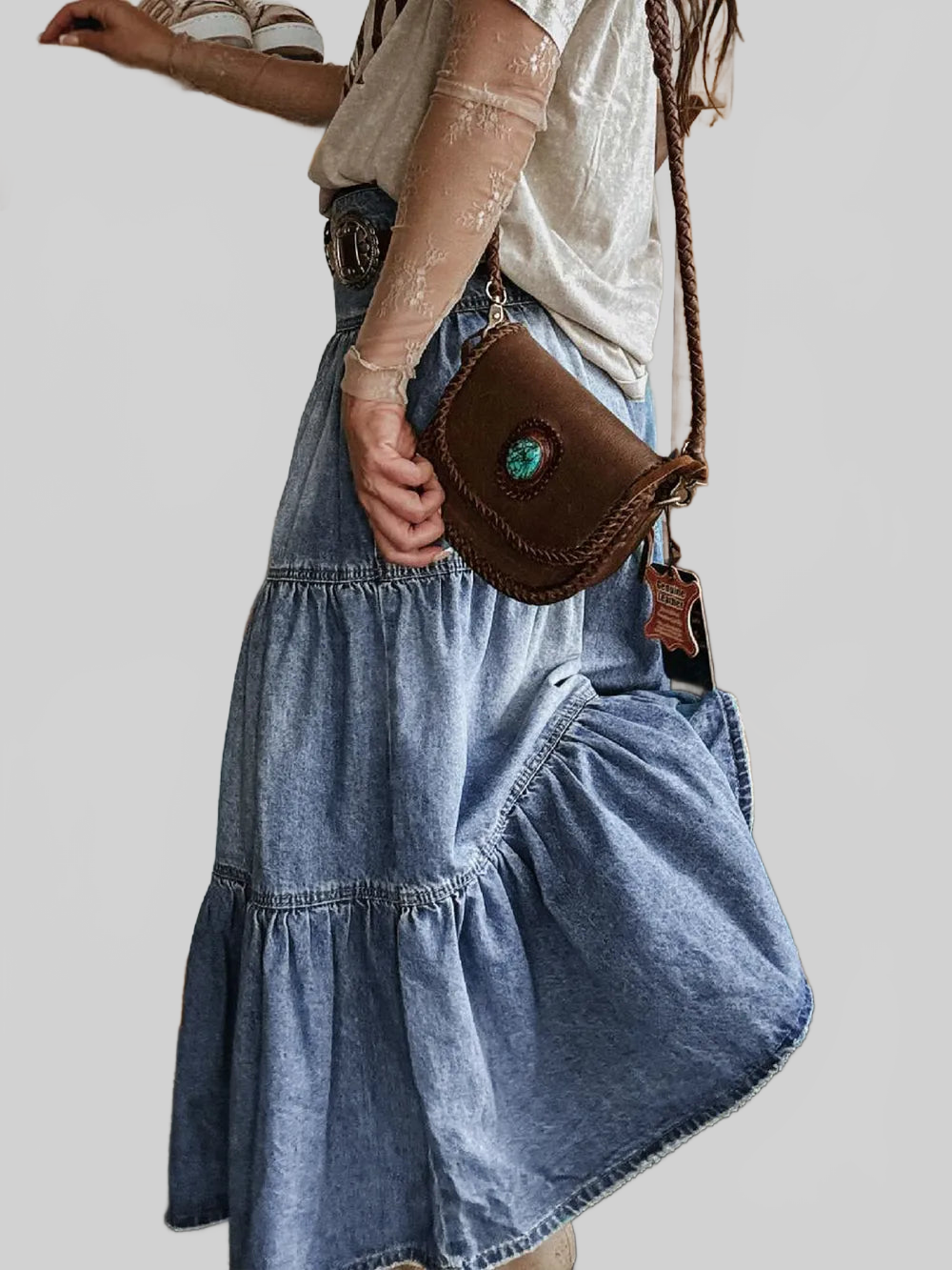 Tiered Button-Fly Denim Skirt nicholesgifts