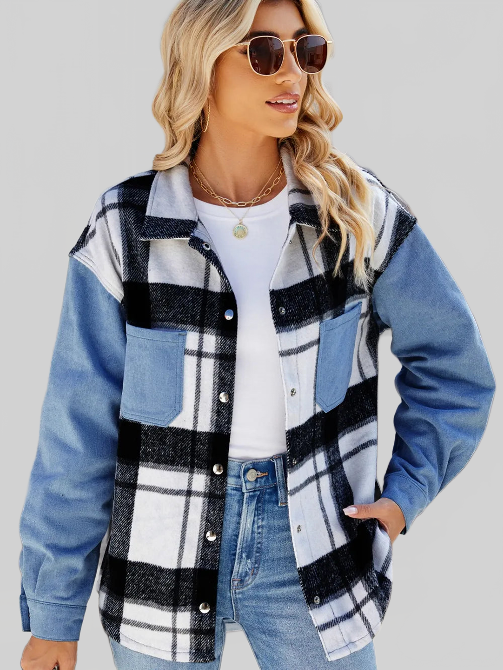 Pocketed Plaid Snap Down Denim Jacket nicholesgifts