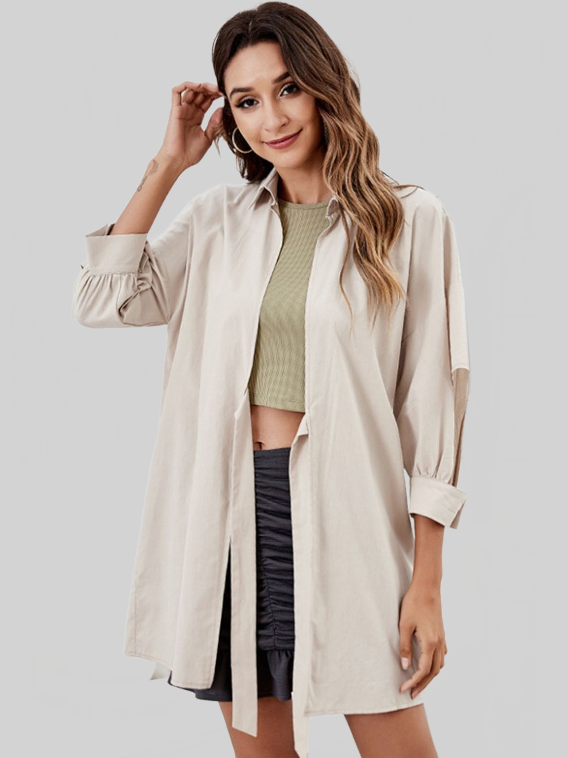 Women Tie Front Collared Neck Cutout Shacket NicholesGifts