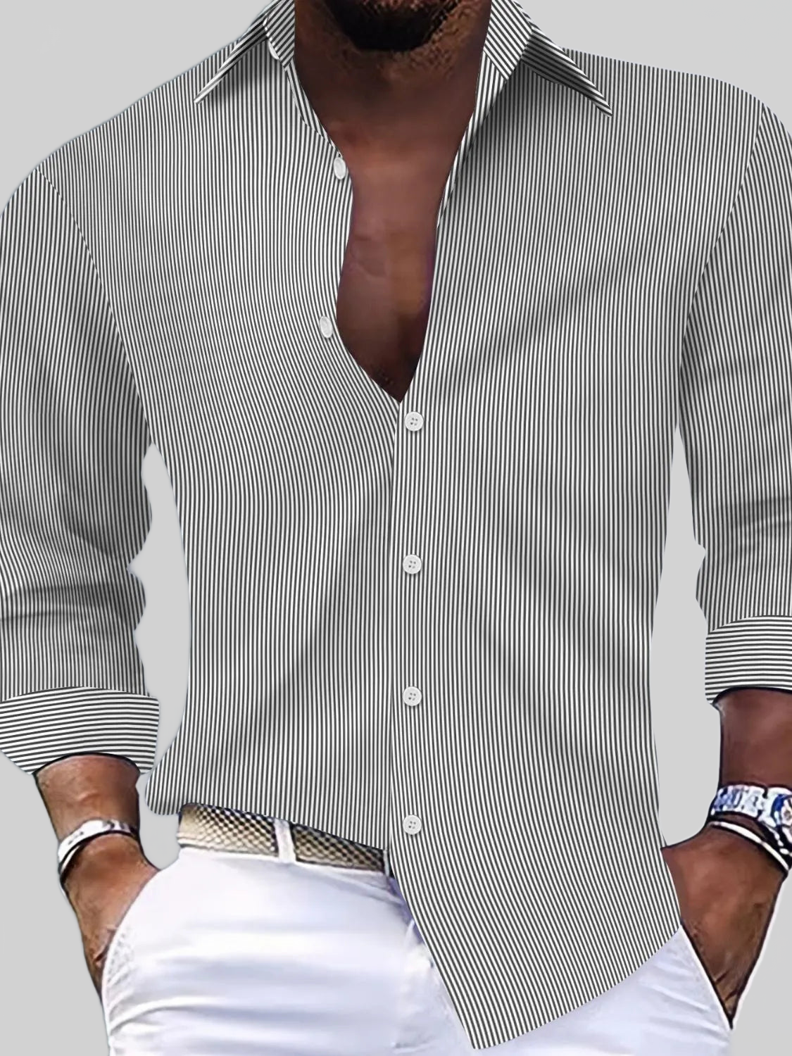 Men's Full Size Striped Button Up Long Sleeve Shirt Plus Size nicholesgifts