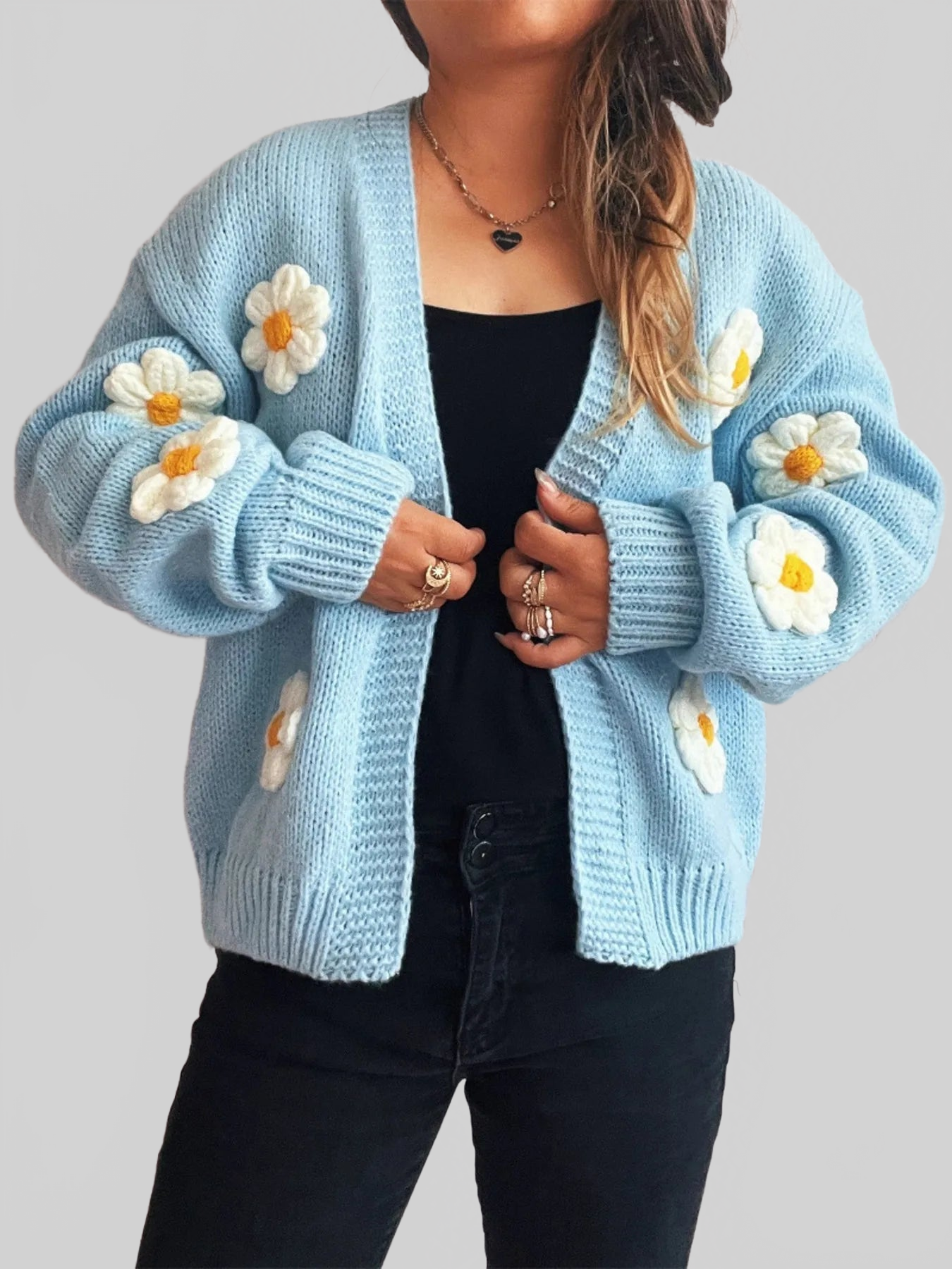 Flower Open Front Long Sleeve Cardigan nicholesgifts