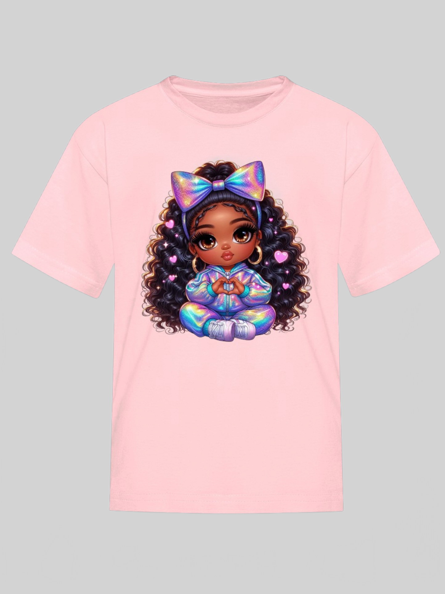 African American Girls Pretty Bow and Hearts Short Sleeve Crewneck T-Shirt nicholesgifts