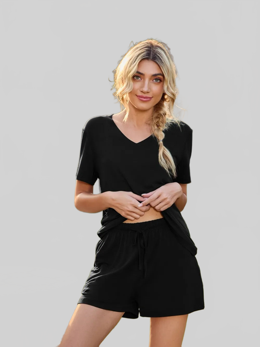 V-Neck Short Sleeve Top and Pocketed Shorts Lounge Set nicholesgifts